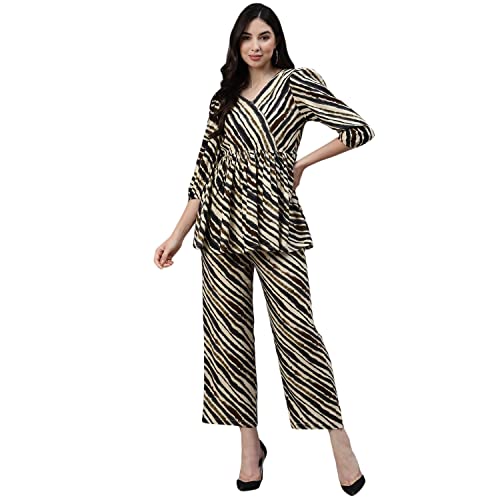 Image of DEEBACO Women's Rayon Peplum Top & Straight Pants Co-Ord Set for Women|Flared Tunic V-Neck & 3 /4 Puff Sleeve Ladies Party Casual Wear Fashionable for Girls Relaxed Fit Cord Set