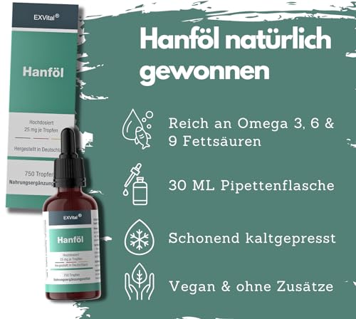 EXVital Hanfsamenöl, 25mg pro Tagesdosis,750 Tropfen, kaltgepresst, 30ml, Premium Anbau, vegan & laborgeprüft