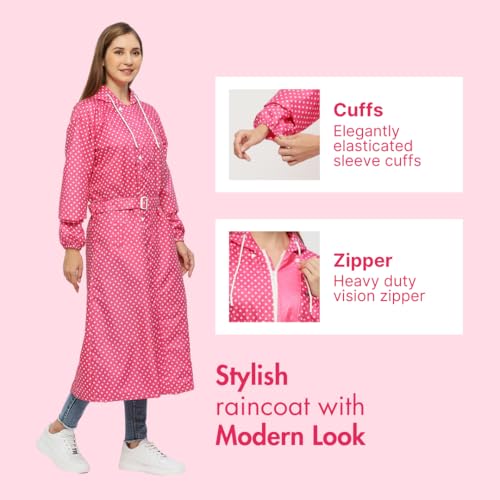 Image of Citizen Polyester Reversible Casual Style Raincoat For Women With Inbuilt Hood,Waist Belt & Matching Carry Pouch|Stylish Polka Dot Design|Durable & Lightweight Rainsuit With High Tearing Strength