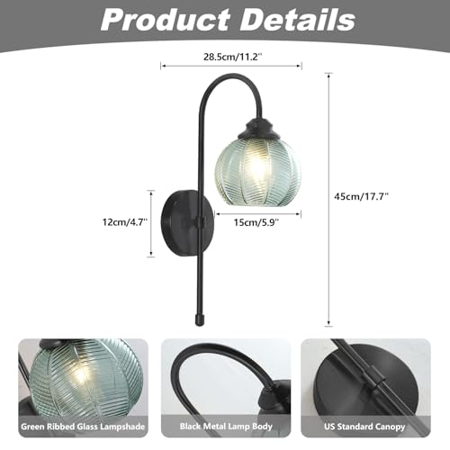 Image of KCO Lighting Vintage Green Glass Wall Sconce Black Globe Sconce Mid Century Modern Long Wall Light Fixture for Living Room Bedroom Bathroom