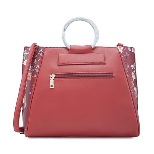 Image of Caprese Fiorella Satchel, Burgundy-Large | Stylish Floral Printed Shoulder Bag for Women with Adjustable Sling Strap | Easy Back Access Pocket & Spacious | Perfect for Office & Daily Essentials