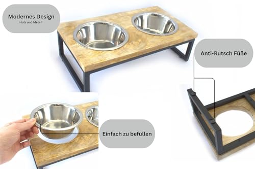 Foodbar aus Mangoholz - Futterstation mit Zwei Edelstahlnäpfen für Hunde und Katzen - Zwei Verschiedene Größen (Medium 39x22x12,3cm)