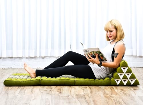 Image of Leewadee - Comfortable Japanese Floor Mattress - Thai Floor Bed with Triangle Cushion - Futon Mattress - Thai Massage Mat, 67 x 21 inches, Green, Kapok Filling