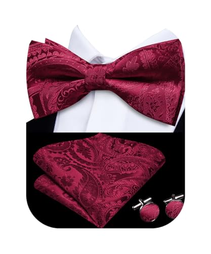 Image of Hi-Tie Bow Tie Men Pre Tied Bowtie Pocket Square Cufflinks Lapel Pin Formal Wedding Bow Ties for Men Party Tuxedo Bowtie Set,Wine Red Paisely Floral