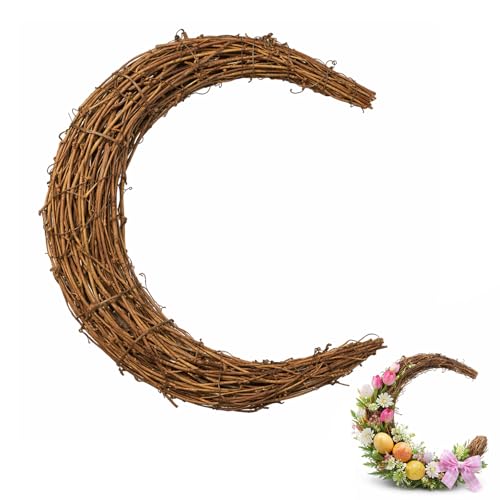 NOLITOY Natural Grapevine Wreath for Front Door, 11.81 Inch Vintage Moon Shape Twig Spring Wreath for Crafts Easter Home Wall Hanging Decor Wedding Party Supplies