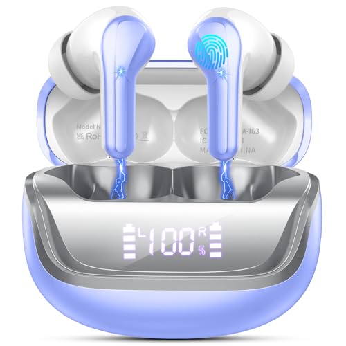 Donerton Wireless Earbuds, Bluetooth 5.4 Headphones with 4 ENC Noise Cancelling Microphone, Ear buds with HiFi Stereo Deep Bass, Bluetooth Earphones 45H Playtime LED Display, IP7 Waterproof, Violet