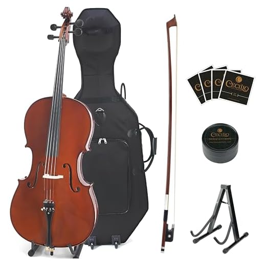 Cecilio 4/4 Full Size Cello, Ebony Fitted Flamed Solid Wood Cello with Hard & Soft Case, Stand, Bow, Rosin, Bridge and Extra Set of Strings (4/4-Size, Varnish)