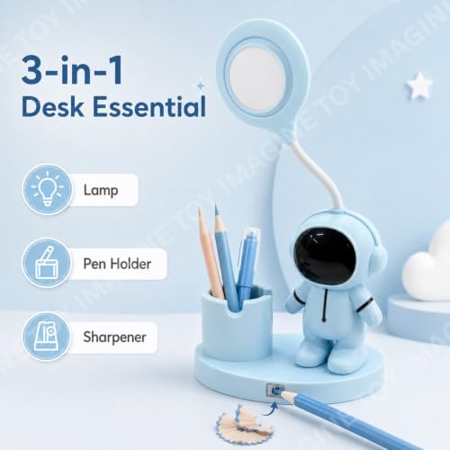 Image of Toy Imagine 3-in-1 Kids LED Desk Lamp USB Rechargeable Night Light with Pen Holder and Pencil Sharpener Cute Astronaut Design Detachable Study Lamp for Girls & Boys Bedroom, Home & School