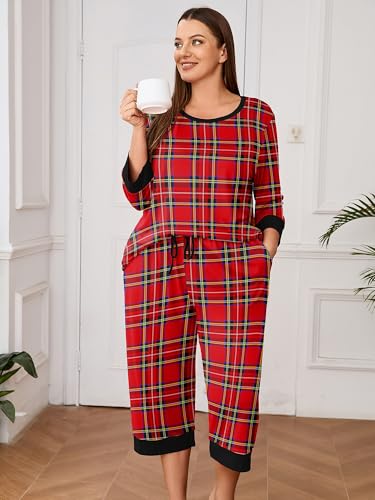 AusLook Women's Plus size Pajama Sets 3/4 Sleeve Top and Capri Pants Sleepwear Pj Set 2 Piece Lounge Set with Pockets4