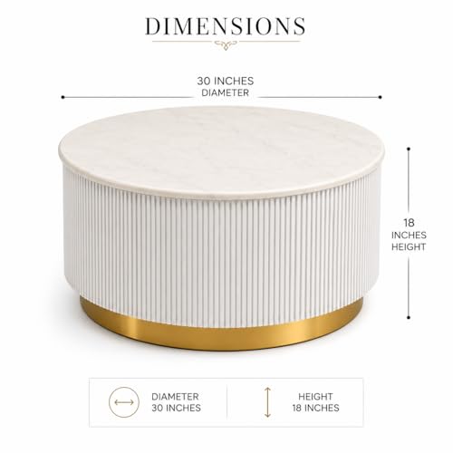 Image of Premium Luxury Marble-Top Wooden Center Table with Louvers & Acrylic Wooden Base | Premium Coffee Table for Living Room & Office (White)