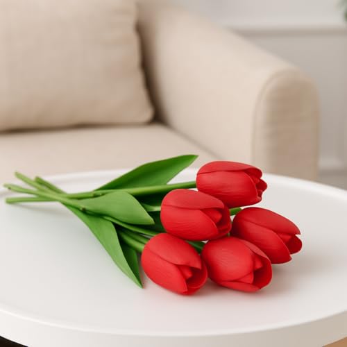 Image of Pink Olive Tulip Flowers Bunches | for Home Decor | Living Room, Corner Table, Bedroom, Wedding Party Decor, Gifting | Real Like Feel, Artificial Flower | Bunch of 05 (Red Tulip)
