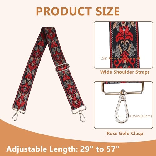 Image of Purse Strap, Adjustable Embroidery Flower 2 Inch Wide Purse Straps Replacement Crossbody for Women