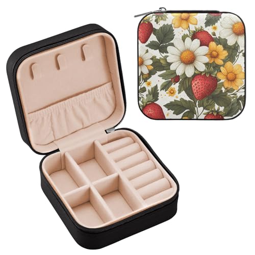 Ttgoth Joyero portátil de piel sintética con diseño de flores de fresa para mujeres y niñas, joyero de viaje para anillos, aretes, collares, pulseras, organizador de joyas, 10 x 10 x 5 cm