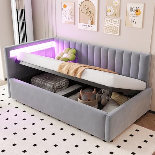 Wyibwy Divano letto imbottito 90x200, con illuminazione a LED e vano contenitore idraulico, testiere laterali con posizioni intercambiabili, struttura letto con rete a doghe, velluto, Grigio chiaro