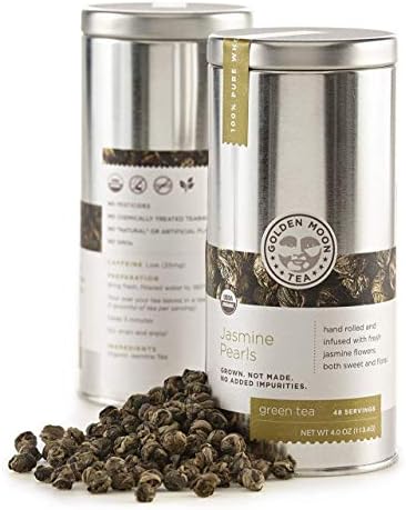 Golden Moon Tea Organic Jasmine Pearls Green - Loose Leaf, Non GMO - Travel Tin (48 Servings)