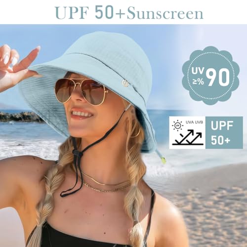 Image of SANNIDHI Sun Hats for Women Bucket Hat for Women, Wide Brim Summer UV Protection Beach Hat, Outdoor Casual Womens Hats with Chin Strap, Fashion Ladies