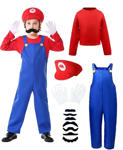 ELEGAWHISPR Halloween Costume Kids Plumber Jumpsuit with Hat Gloves Moustache Accessories Set (Red Medium(7-8 Years))