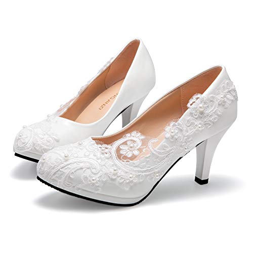 Bridal Wedding Shoes Closed Toe Dress Pumps Stiletto Heel with Stitching Lace4