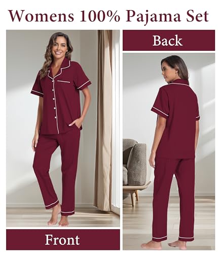 Image of CF Womens 100% Cotton Pajamas Set Button Down Pjs Sets Short Sleeve Top & Long Pants Sleepwear Comfy Loungewear with Pockets