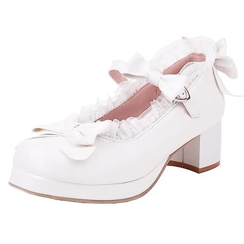 Cute Kawaii Shoes Ankle Strap Mary Jane Platform Chunky Mid Heel Bowknot Pumps Round Closed Toe Lace Strappy Goth Dress Shoes Women - Main Image