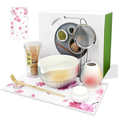 Matcha Whisk Set, Matcha Set Includes Matcha Bowl（530ML）, Matcha Whisk and Holder, Bamboo Scoop, Scoop Rest, Sifter, Powder Jar and Tea Towel - 8pc Matcha Kit for Matcha Tea Ceremony