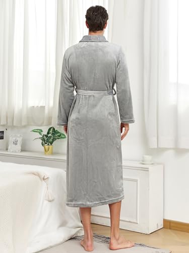 RONGTAI Bathrobe for Men, Long Shawl Collar Robe, Plush Fleece Fabric, Side Pockets, Warm and Cozy Sleepwear (Grey, M)3