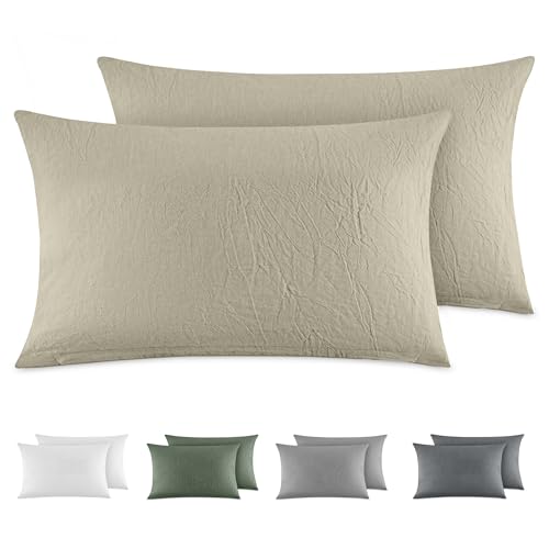 Dreamzie Funda Almohada 40x80 cm (Juego de 2), 100% Algodón Lavado Color Beige, Aspecto de Lino y Transpirable, Funda de Almohada con Cremallera