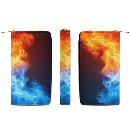 Long PU Zipper Wallet, Travel Purse Fashion Design, Huge Storage Capacity Wallet, Cute Decor Purse For Men And Women Red And Blue Fire Black3