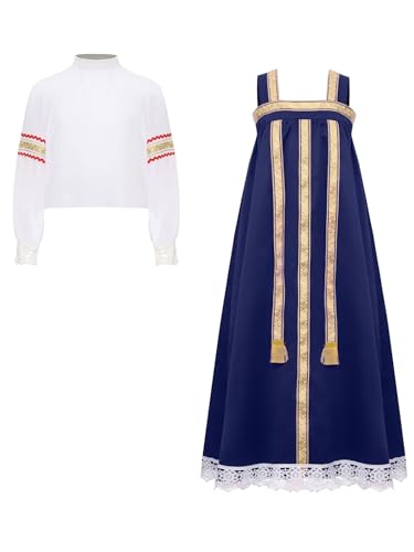 Child Girls Russian Ethnic Performance Dress Embroidered Blouse with Overalls and Headpiece White&Navy Blue 3 Years3