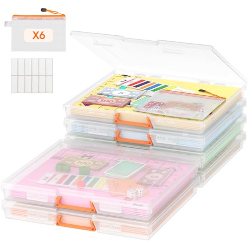 Lifewit 13' x 12.2' Paper Storage Boxes, Board Game Container with Secure Latch, Plastic Portable Organizer with Handle & Labels for File,Document,Craft,Puzzles, Cards, Art Supplies,6 Pcs