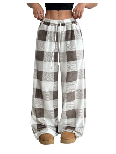 SOLY HUX Women's Plaid Pants Y2k Drawstring Wide Leg Baggy Pants Long Trousers with Pockets3