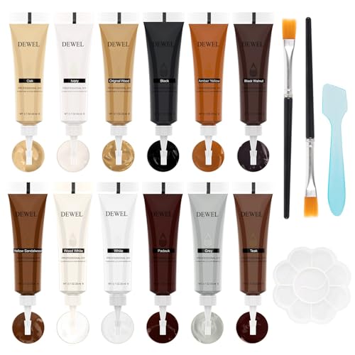 DEWEL Kit de réparation de bois,12 Couleurs - Tube de retouche pour parquet stratifié - Peinture de réparation pour rayures, fissures et décolorations sur bois