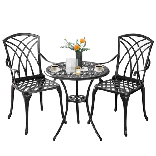 Withniture Bistro Set 3 Piece Outdoor,Cast Aluminum Outdoor Bistro Set,All Weather Bistro Table and Chairs Set of 2 with 1.97' Umbrella Hole,Patio Bistro Sets for Garden(Woven Black)