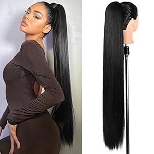 SEIKEA Ponytail Extensions Drawstring Long Straight Fake Pony Tail Natural Soft Clip in Hair Extension Synthetic Heat Resistant Hairpiece 35 Inch 180 Gram Black