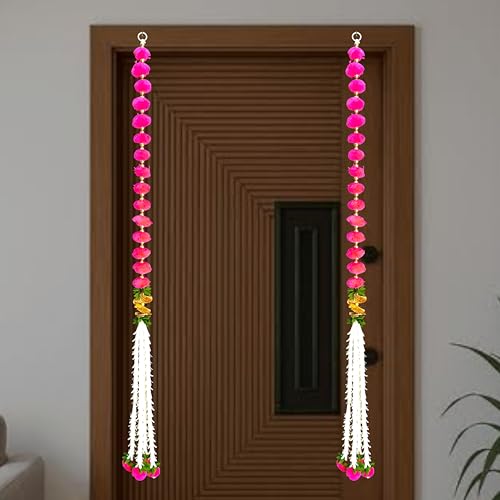 Image of iHandikart Decorative Pack of 2 Pink Pom-Pom Wall Hanging, 39 Inch Long Pom-Pom & Beads Strings for Home, Balcony & Festive Decor, Ideal Entrance Decoration & Housewarming Gift (RK-155-2-Pink)