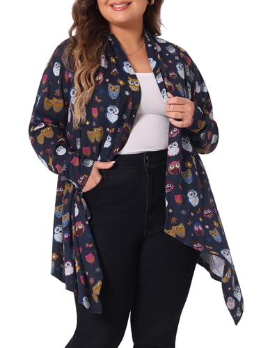 Agnes Orinda Plus Size Halloween Owl Cardigan for Women Flowy Print Loose Open Front Knitting Sweater Cardigans