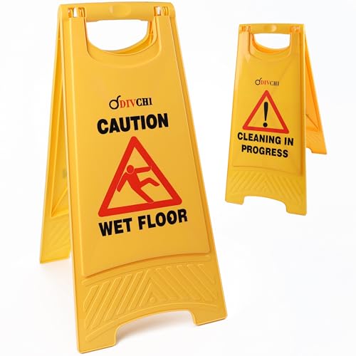 DIVCHI Warning Caution Wet Floor Sign Yellow - Cleaning In Progress Floor Sign Printed On The Other Side Mini Wet Floor Sign Ideal For Commercial Business Use