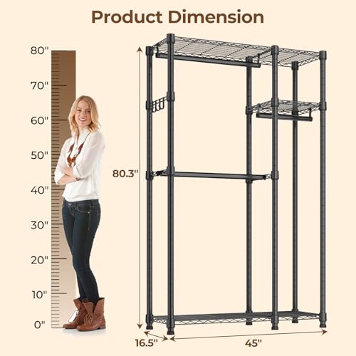 HYSEYY Heavy Duty Clothes Garment Racks: 850LBS Closet Organizer Portable Clothing Racks for Hanging Coat with Shelves Wardrobe Adjustable Freestanding Sturdy Metal Black Double Rods (Black Large) - Thumbnail 6