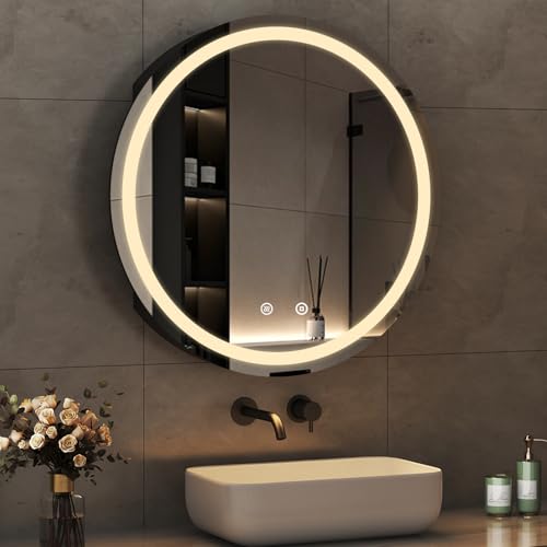 Boromal Spiegelschrank Rund mit Beleuchtung Schwarz Badezimmer Spiegelschrank Bad mit Beleuchtung Metall LED Badezimmerschrank Rund mit Stecker + Dimmbar + Beschlagfrei + Ablage (60 x 60 x 12,5 cm)