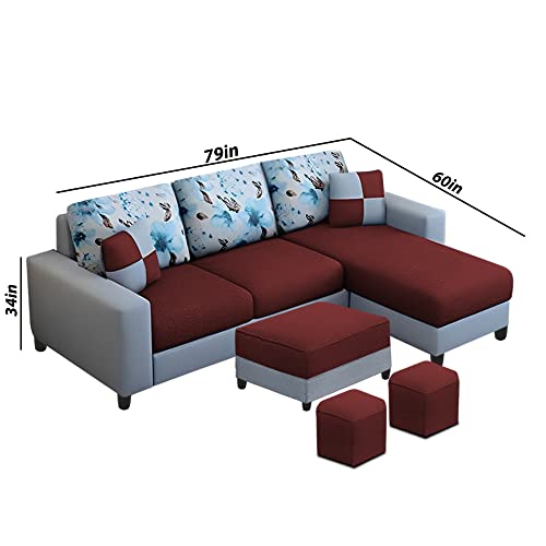 Image of Orland 4 Seater RHS L Shape Sofa with Center Table & 2 Puffy | Color - Maroon Grey