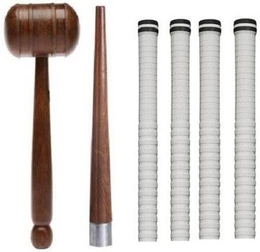 Combo of 1-Wooden Cone (Gripper)+ 1-Hammer+ 4-Cricket Bat White Grip, Extra Tacky (White, Pack of 6)