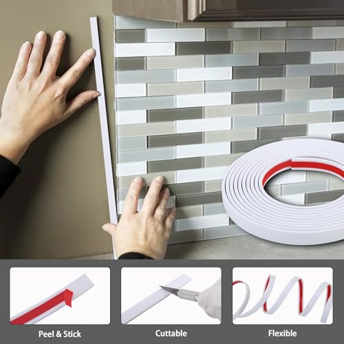 Peel and Stick Tile Edge Molding, Flexible Finish Trim for Wall Border, Mirror Frame, Kitchen Backsplash Edging (White, 20ft x 0.4in) - Image 3