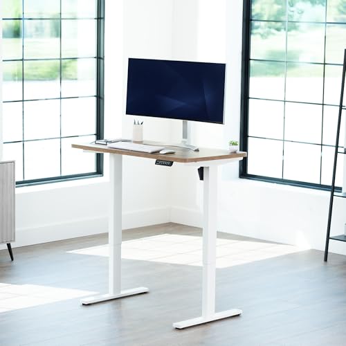 Image of VIVO Reclaimed Wood 43 x 24 in Standing Desk, DESK-KIT-1W4P | Electric, Holds 220 lbs, Sit Stand, Height Adjustable, Solid One-Piece Table Top, Memory Presets, 1B Series, White Frame
