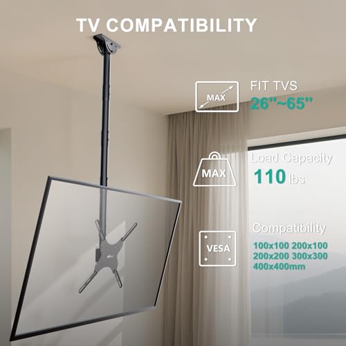 Image of WALI Long Arm TV Ceiling Mount, Fits Most LED, LCD, OLED and Plasma Flat Screen Display 26 to 65 Inch, up to 110 Lbs, Height Extension up to 58 Inch, Mounting Holes up to 400x400mm (CM2665XL), Black