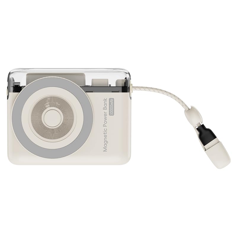 XYZtech X Link A Wireless Power Bank - 10000 mAh - Built-in Dual USB-C and iPh Cables, Compatible with iPhone and Samsung, Cream