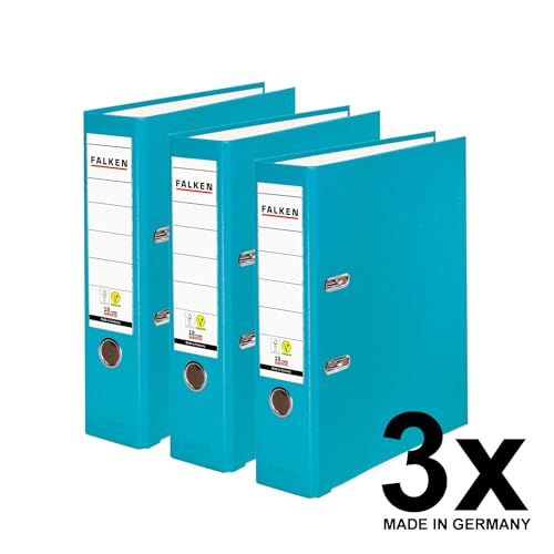 Original Falken 3er Pack PP-Color Ordner. Made in Germany. 8 cm breit DIN A4 Türkis Vegan Kunststoff-Ordner Ringordner Aktenordner Briefordner Büroordner Plastikordner Schlitzordner