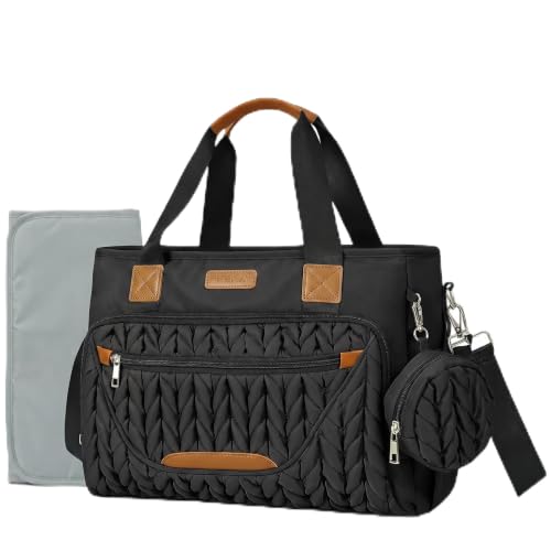 Image of FHELAD Diaper Bag Tote for Women, Baby Diaper Bag 16L (Obsidian Black) | 5 Insulated Pockets, Changing Pad, Pacifier Case, Stroller Clip, 15.6 Inch Laptop Compartment, Detachable Shoulder Strap