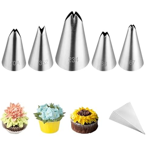 Kasmoire 5pcs/set Leaf Piping Icing Nozzles,Stainless Steel Cake Piping Icing Nozzles with 10Pcs Disposable Piping Bags,Cake Decorating Tips Set for Baking Cover