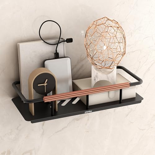 Image of Plantex Self Adhesive Bathroom Shelf /Stainless Steel Bathroom Shelf Rack /Wall Shelf for Bathroom /Bathroom Organiser Without Drill /Bathroom Accessories SetPack of 1 (12x5 inches, Copper & Black)
