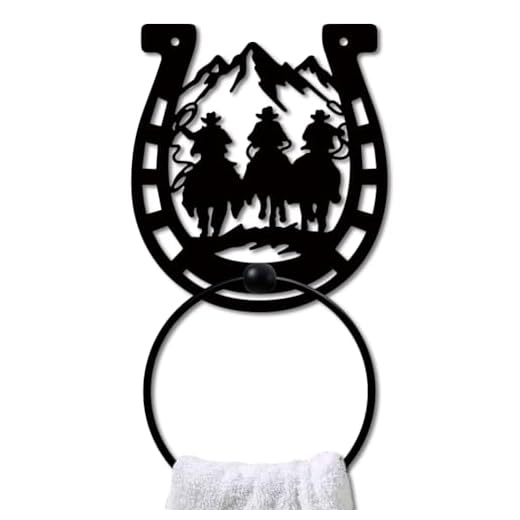MAYJOYDIY Horseshoe Cowboy Metal Towel Ring Horse Towel Ring Black Art Towel Rack Wall Mounted Mountain Horseshoe Hand Towel Holder for Bathroom Kitchen Towel Hanger Home Decors Gift
